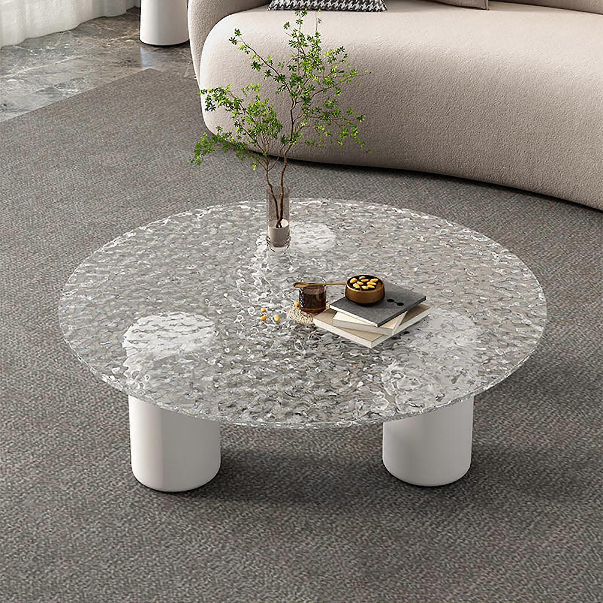 Mid Century Modern Glass Coffee Table with Solid Wood Base, Round Tempered , 35.4in, Color A