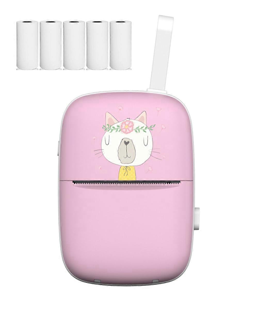 Mini Portable Thermal Printer, Pink Bluetooth Pocket Printer with 5 Rolls for iOS and Android