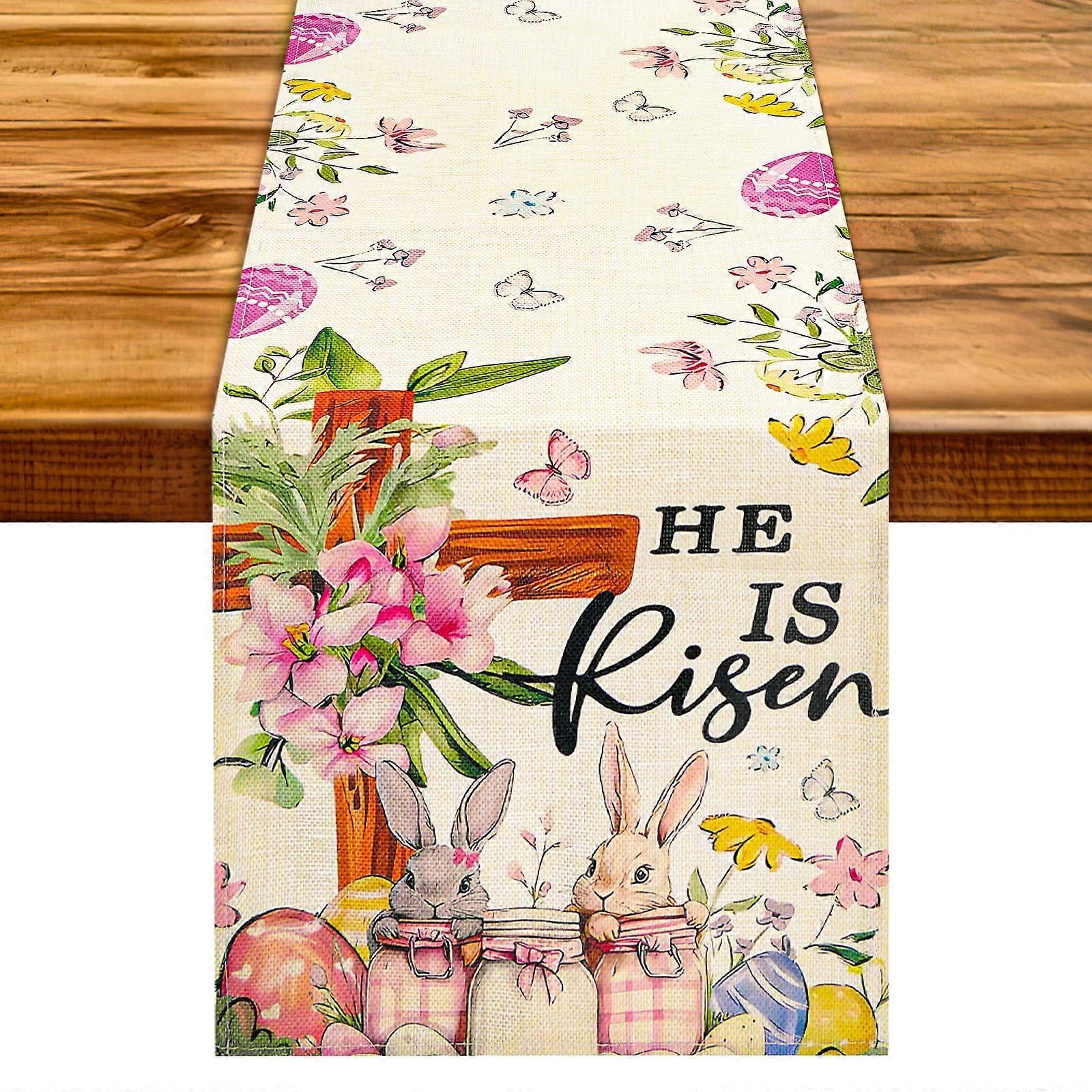 Easter Table Runner 13x72 Inch with Bunny and Cross, Festive Spring Dining Table Decoration