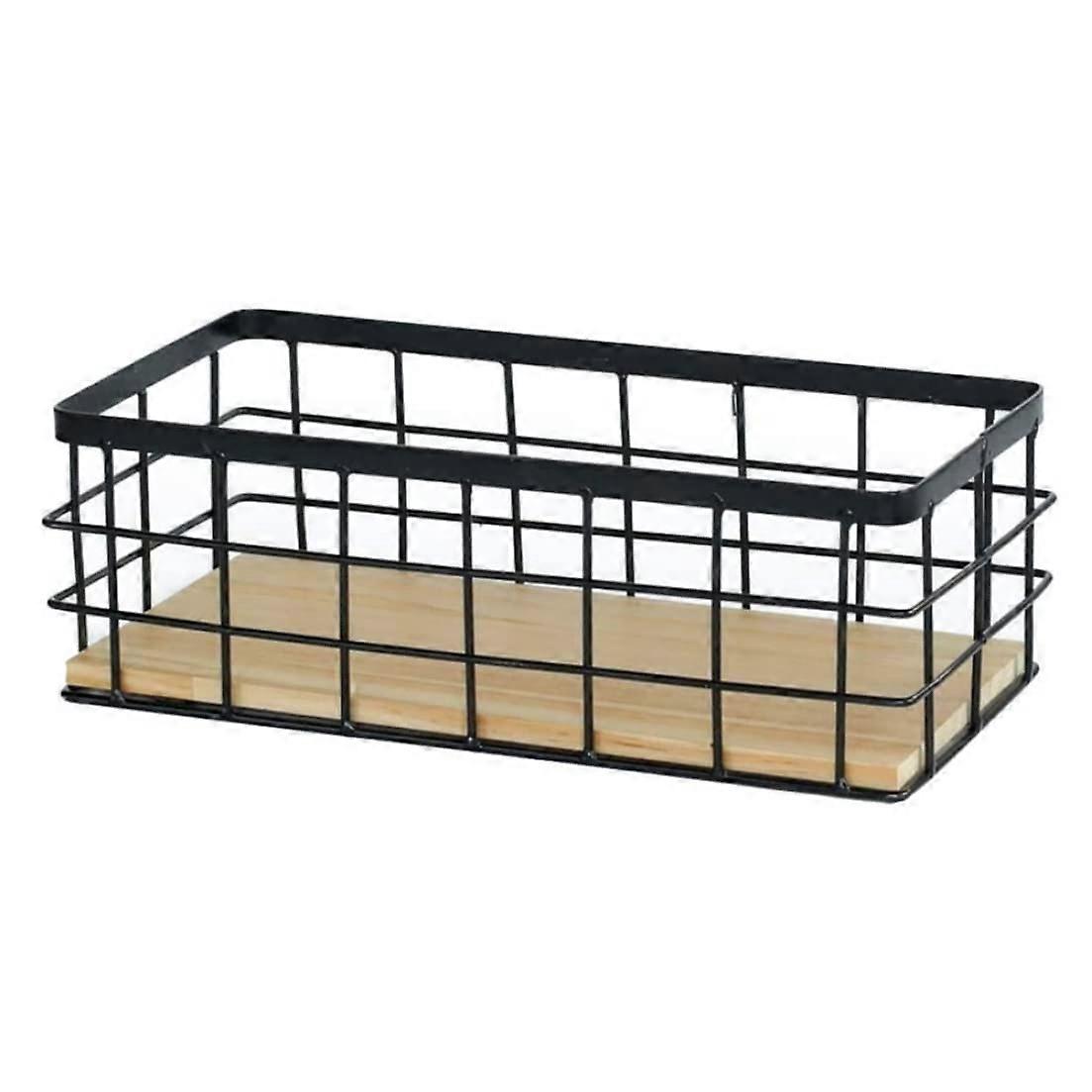 Wire Storage Basket with Wooden Base for Kitchen and Bathroom Organization, Rectangular Metal Design Ref:5421