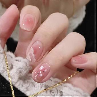 Short Square Marble Press On Nails Pink Bling Full Cover Fake Nails Set with Adhesive 24pcs