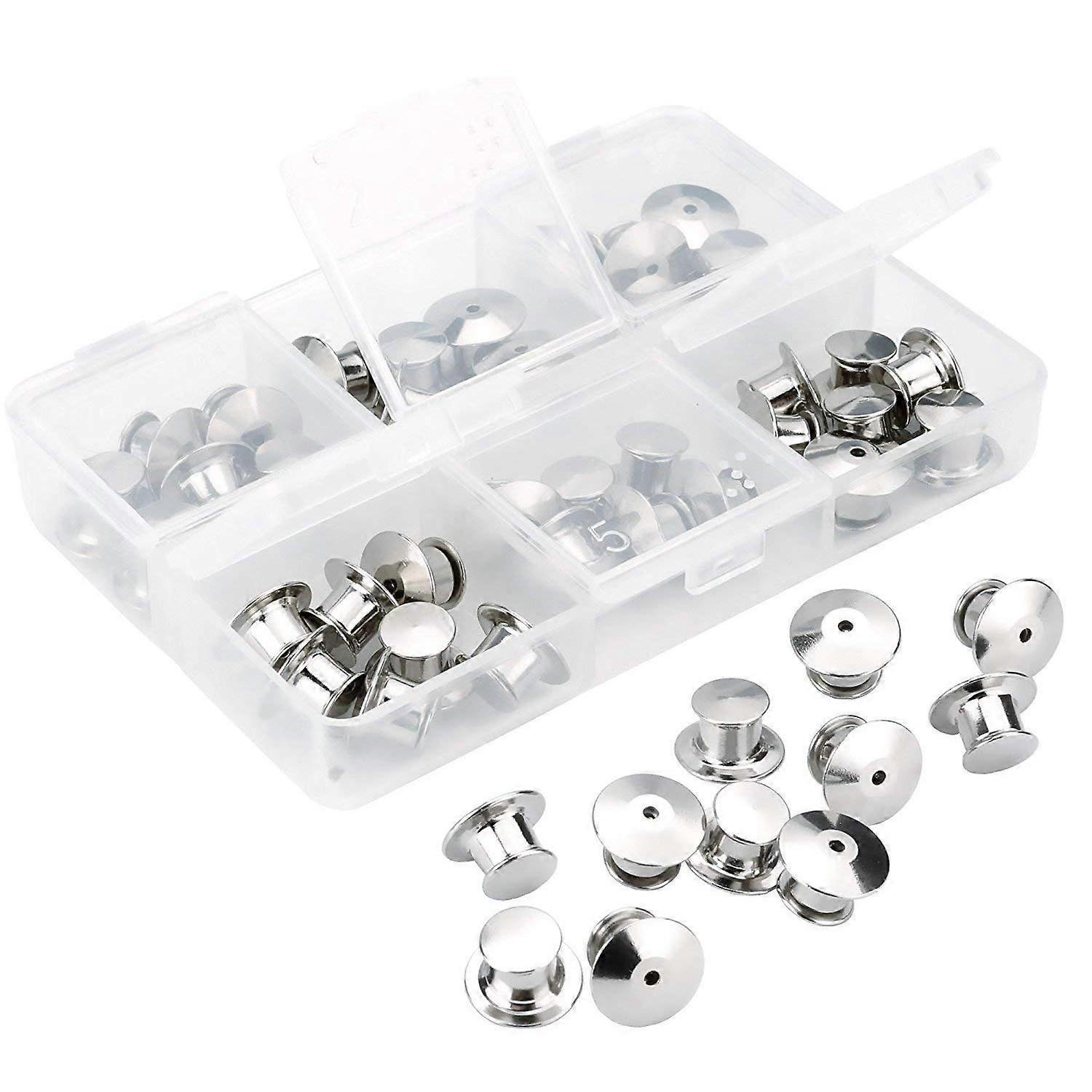 40pcs Pin Backs Locking Clasps Nickel Plated Copper Pin Keepers with Clear Storage Case