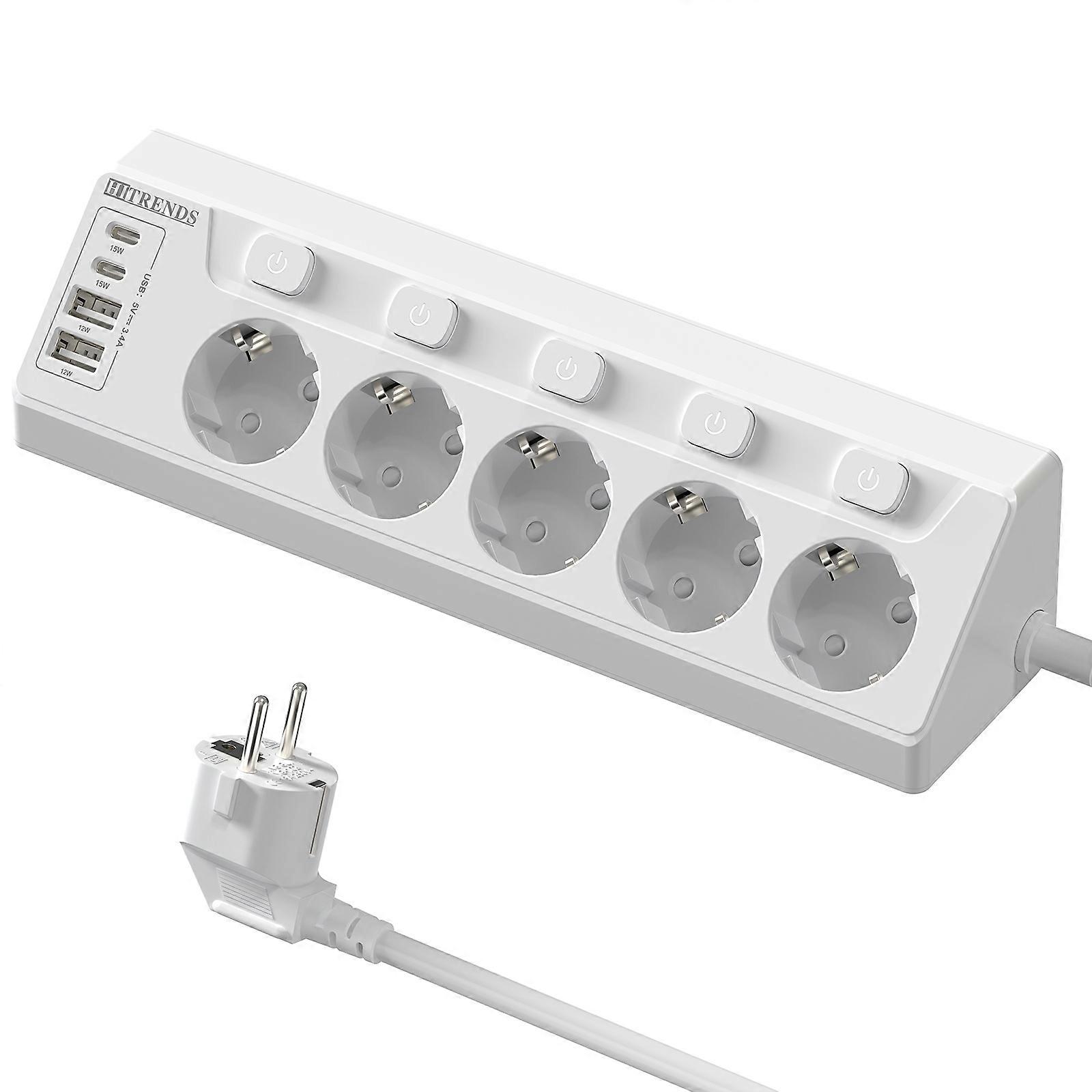 5 way EU plug Multi-functional Power Socket, Multiple Socket Power Strip with 2 USB and 2 Type-C 2m Cable for Smartphones