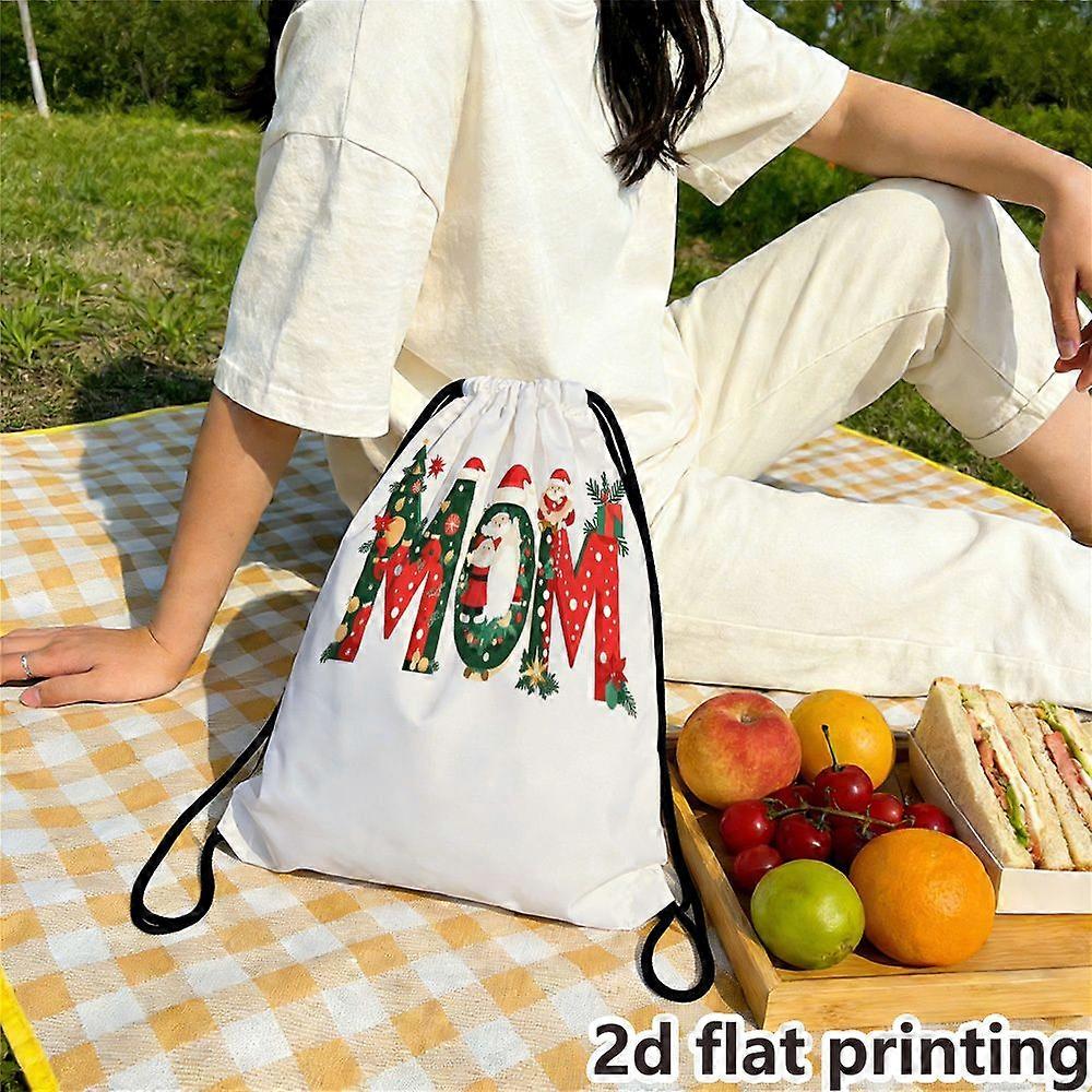 Una bolsa ligera con cordón para el Día de la Madre, con temática navideña, la palabra "Mamá" y decoraciones festivas. Alo-Eazqw