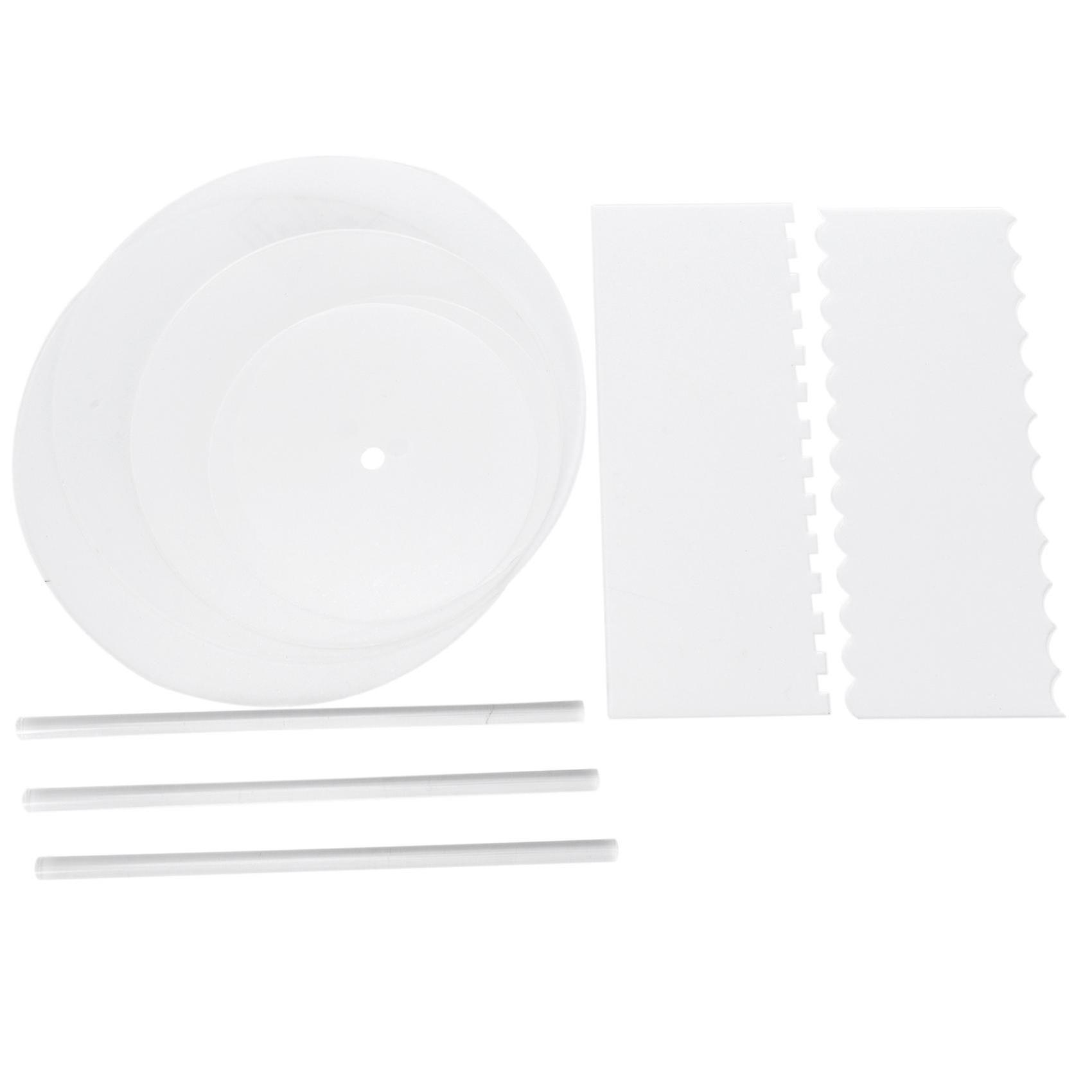 Acrylic Round Cake Disk Set - Cake Discs Base Boards With Hole - 2 Comb Scrapers (4 Patterns) & Dow