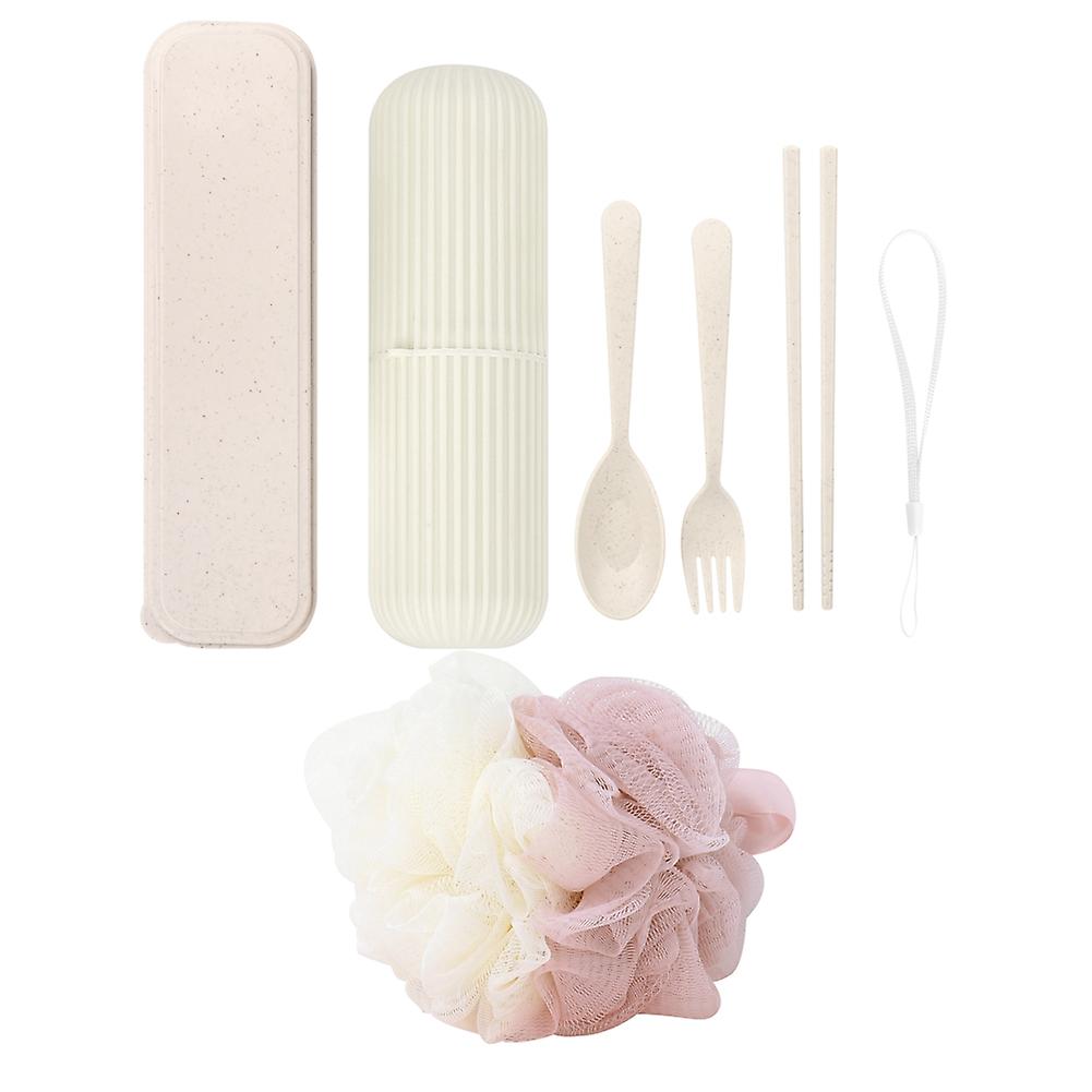 Portable toothpaste box bath ball spoon fork chopsticks tableware storage box camping travel set beige