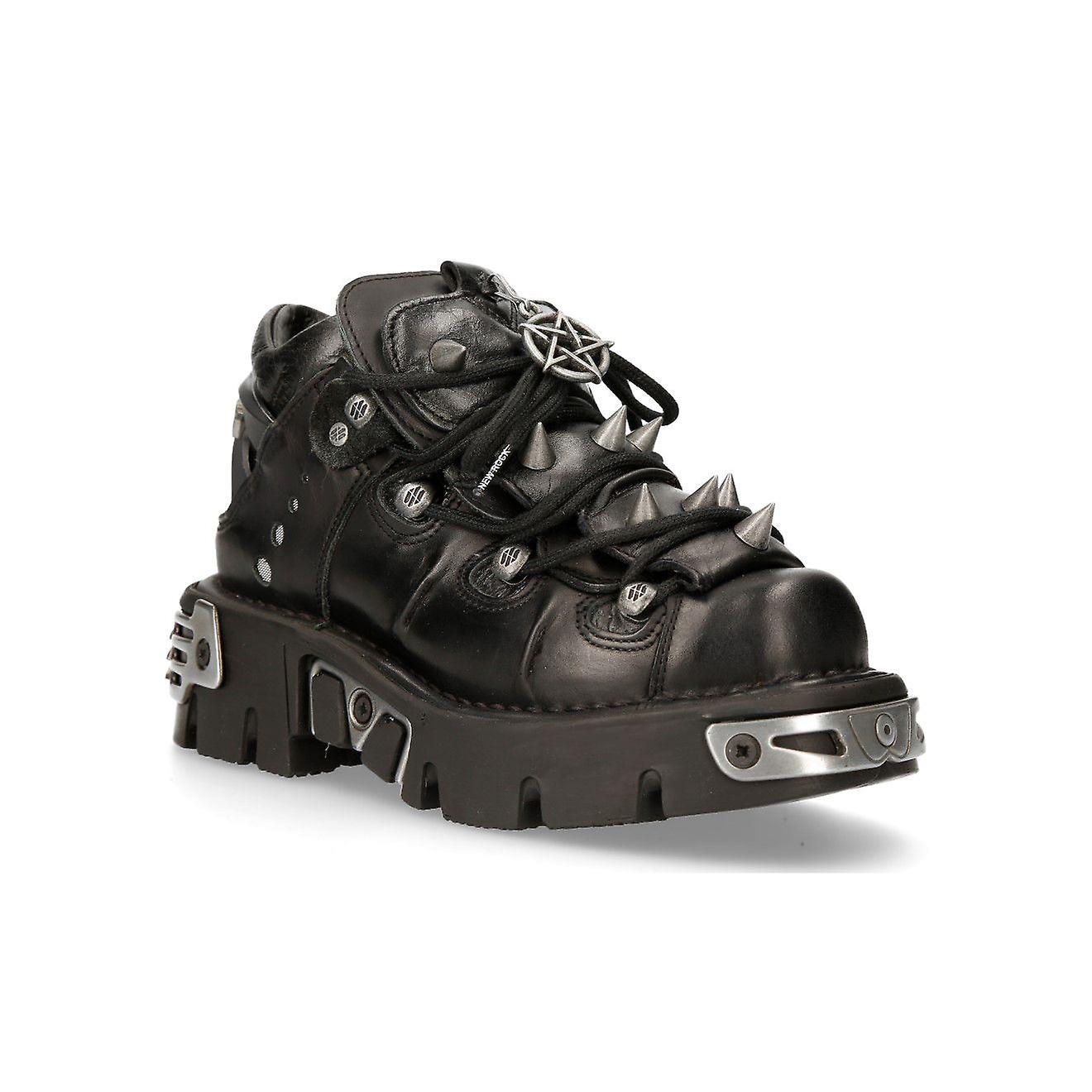 New Rock Unisex Black 110-S1 Leather Spiked Ankle Boots Eu41