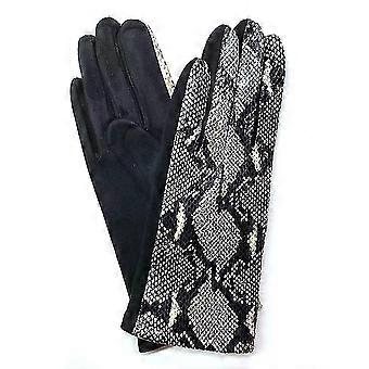 Women Gloves With Shiny Snakeskin Look Upper And Fleece Lining, Finger Gloves, Winter2setblack + Brown