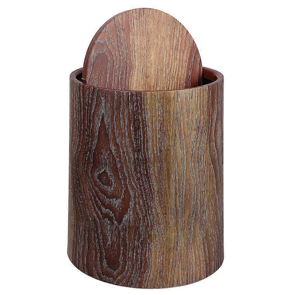 Imitation Wood Grain Trash Can Swing Lid Wastebasket Home Office Round Wastebasket