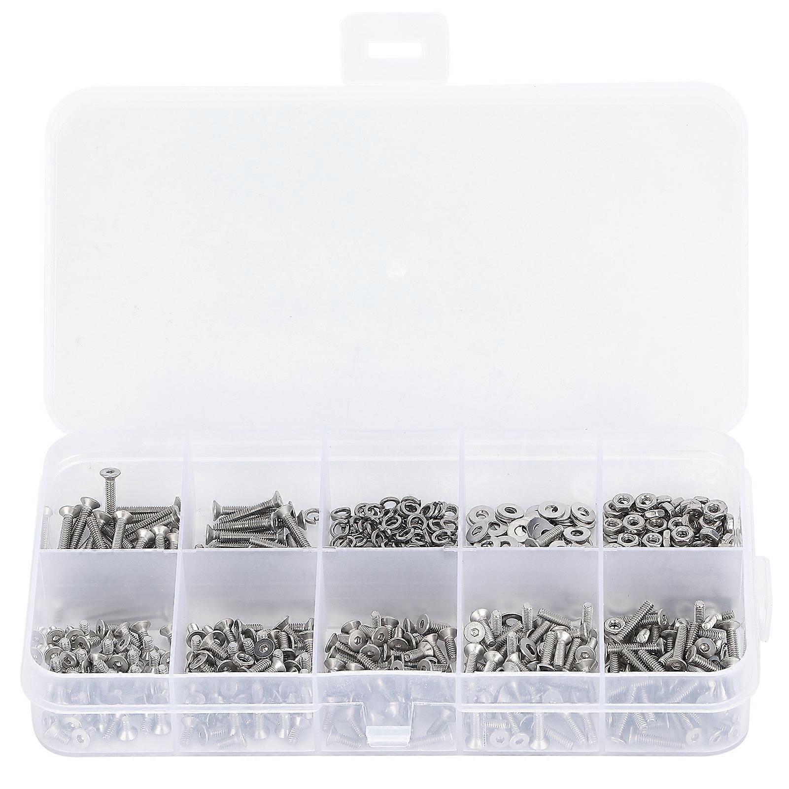 600PCS Stainless Steel Countersunk Hex Socket Bolts Hex Nuts Washers Assortment Set