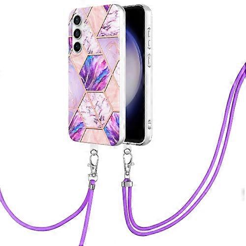 For Samsung Galaxy S23 FE 5G Electroplating IMD Splicing Dual-side Marble TPU Mobile Phone Case with Lanyard