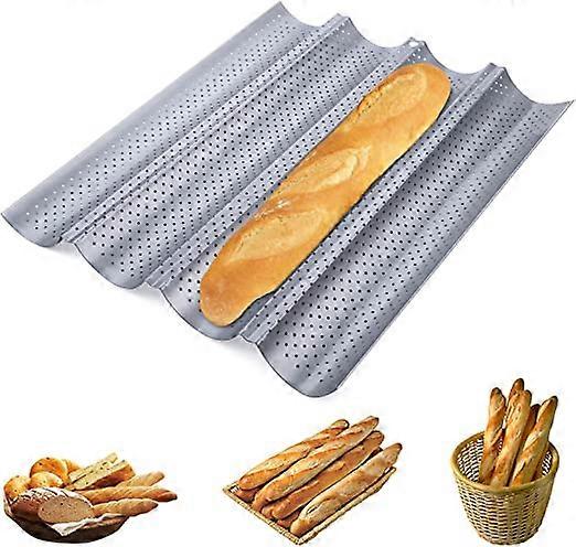 ZK-Stainless Steel French Bread Sticks, Mini French Bread Stick Pan, Nonstick Perforated Loaf Pan for Baking 4 Baguettes, Silver