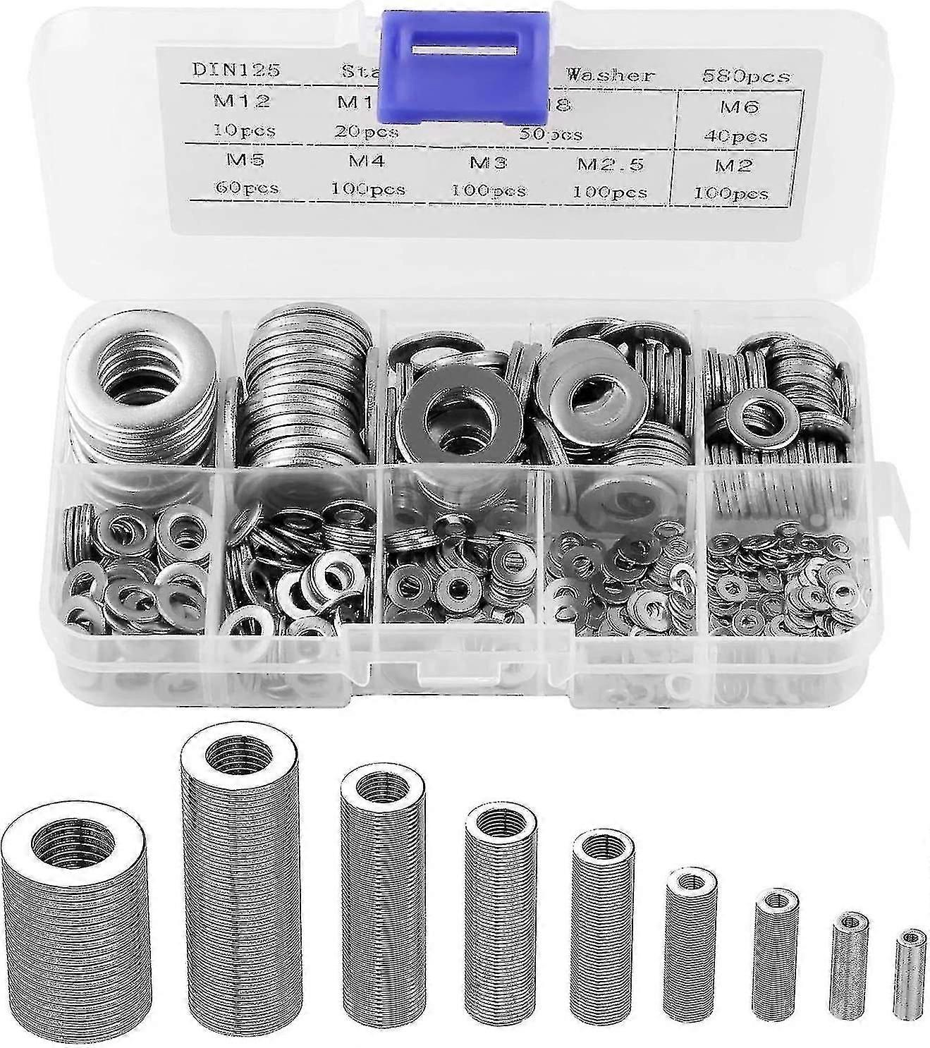 580 Pcs Stainless Steel Flat Washers With Plastic Box, 9 Different Sizes Of Door Hinge Washers M2 M2.5 M3 M4 M5 M6 M8 M10 M12 Metal Washers For Mechan