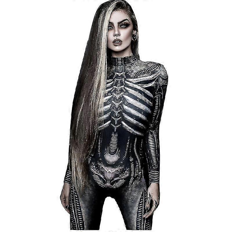 Womens Halloween Costume Skeleton Print Bodysuit Skinny Jumpsuit