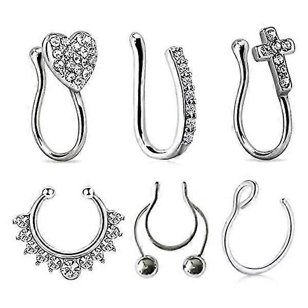 6-pack Fake Septum Nose Piercing Nose Ring Without Hole Silver Silver