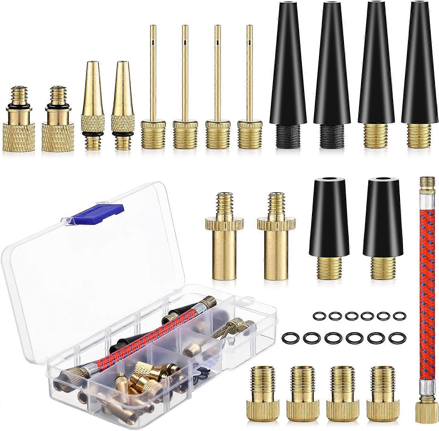 Bicycle Pump Nozzle,33 Pieces Balloon Inflator Nozzle,DV SV AV Bicycle Pump Adapter with Storage Box,Valve Adapter with Inflator Hose,for Bicycle