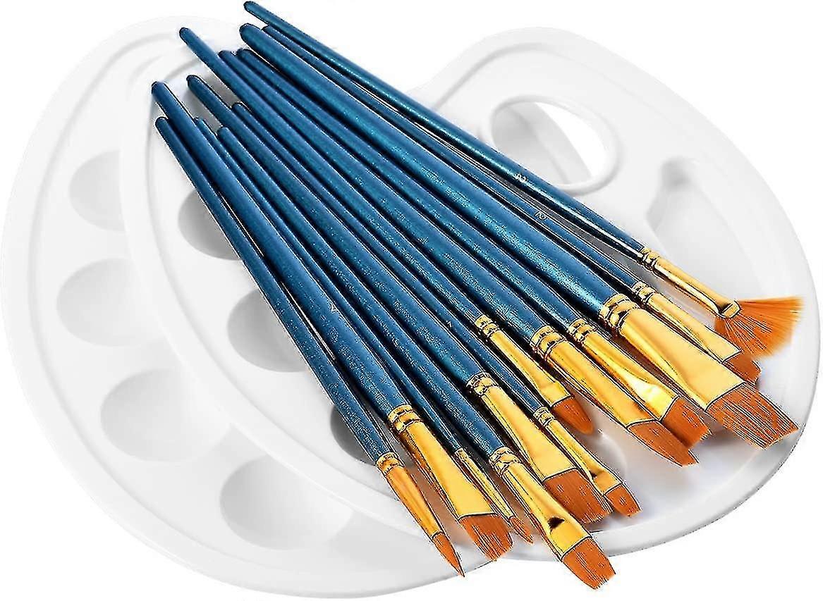 12 Artist Brushes, 2 Mixing Palette, Premium Nylon Watercolor, Acrylic & Oil Painting Etc. Perfect Brush Set For Beginners, Kids, Artists And Painting