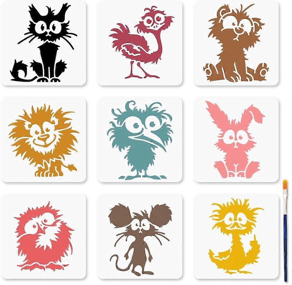 9 Pcs Big Eyes Animal Stencil Cartoon Animals Stencils with Paint Brush 5.95.9inch Cat Bird Reusable Painting Rabbit Lion Ostrich Mice Template for Cr