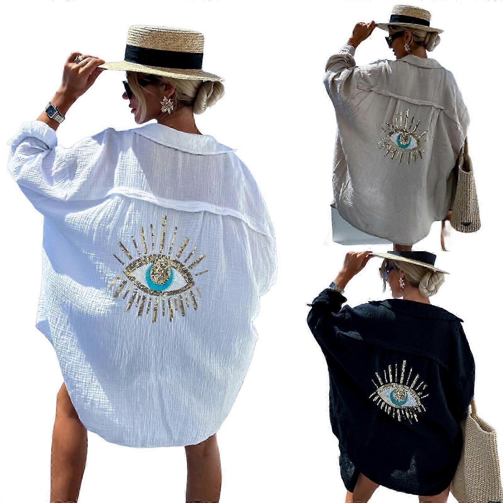 Women's Sequin Eye Button Oversized Summer Robe Shirt Mini Dress Tops 2024 -gsl