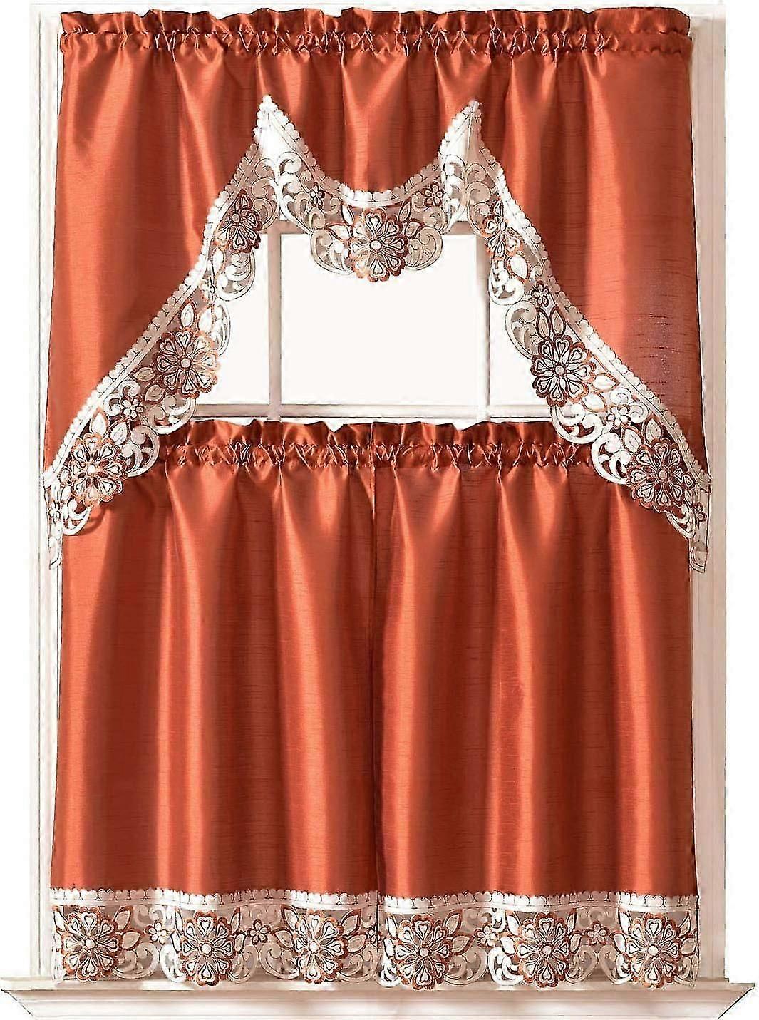 Kitchen Curtain Set/ Swag Valance & Tier Set. Nice Matching Color Embroidery on