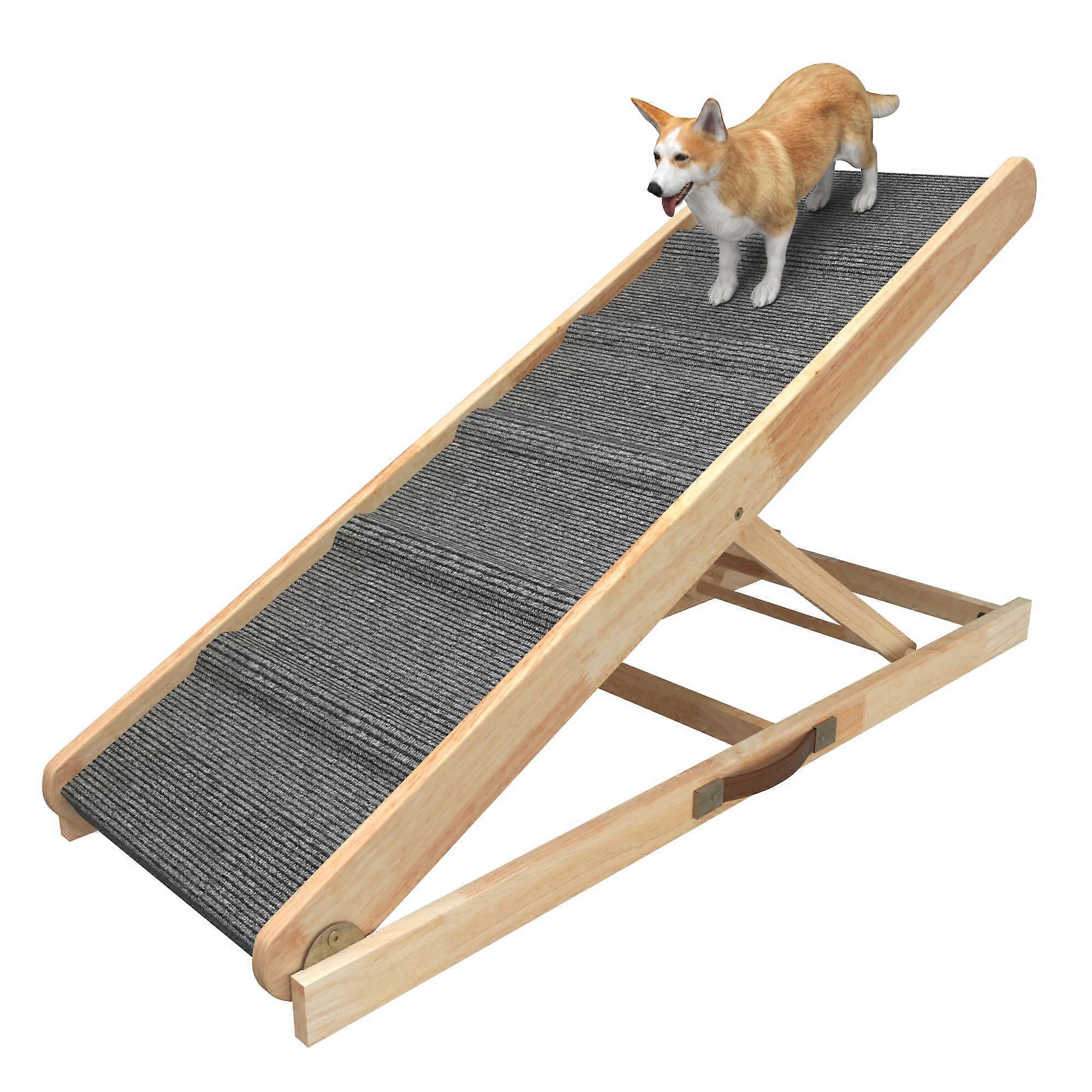 Comlore Adjustable Wooden Dog Ramp, 39.75 x 14 inches, 5Height Settings, NonSlip Surface, Foldable Design with Handle