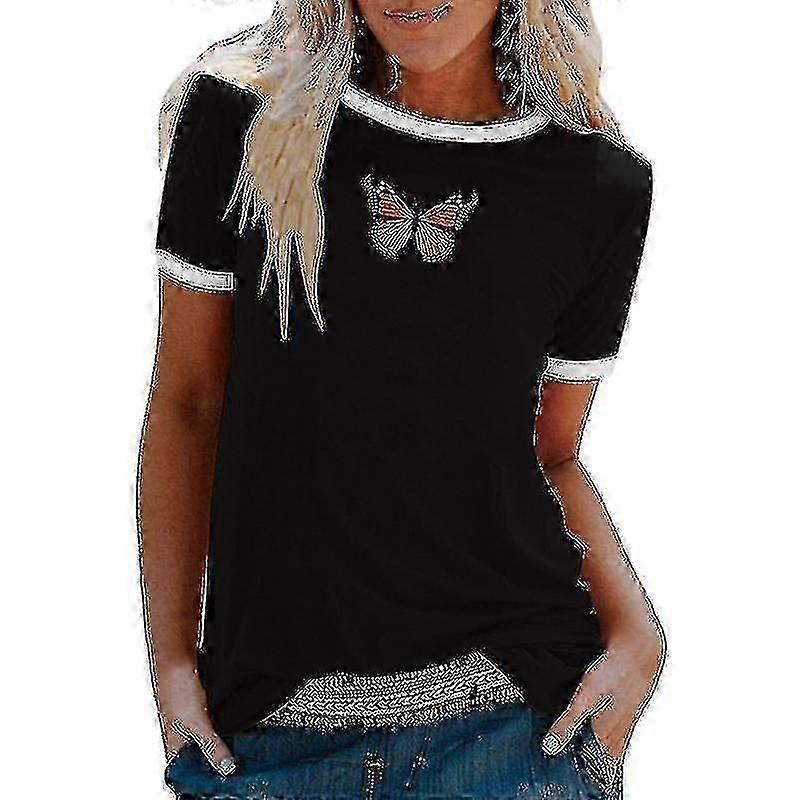 for Ladies' Summer Crew Neck Short Sleeve Tunic Top - Bohemian Butterfly Print & Color Block Patchwork