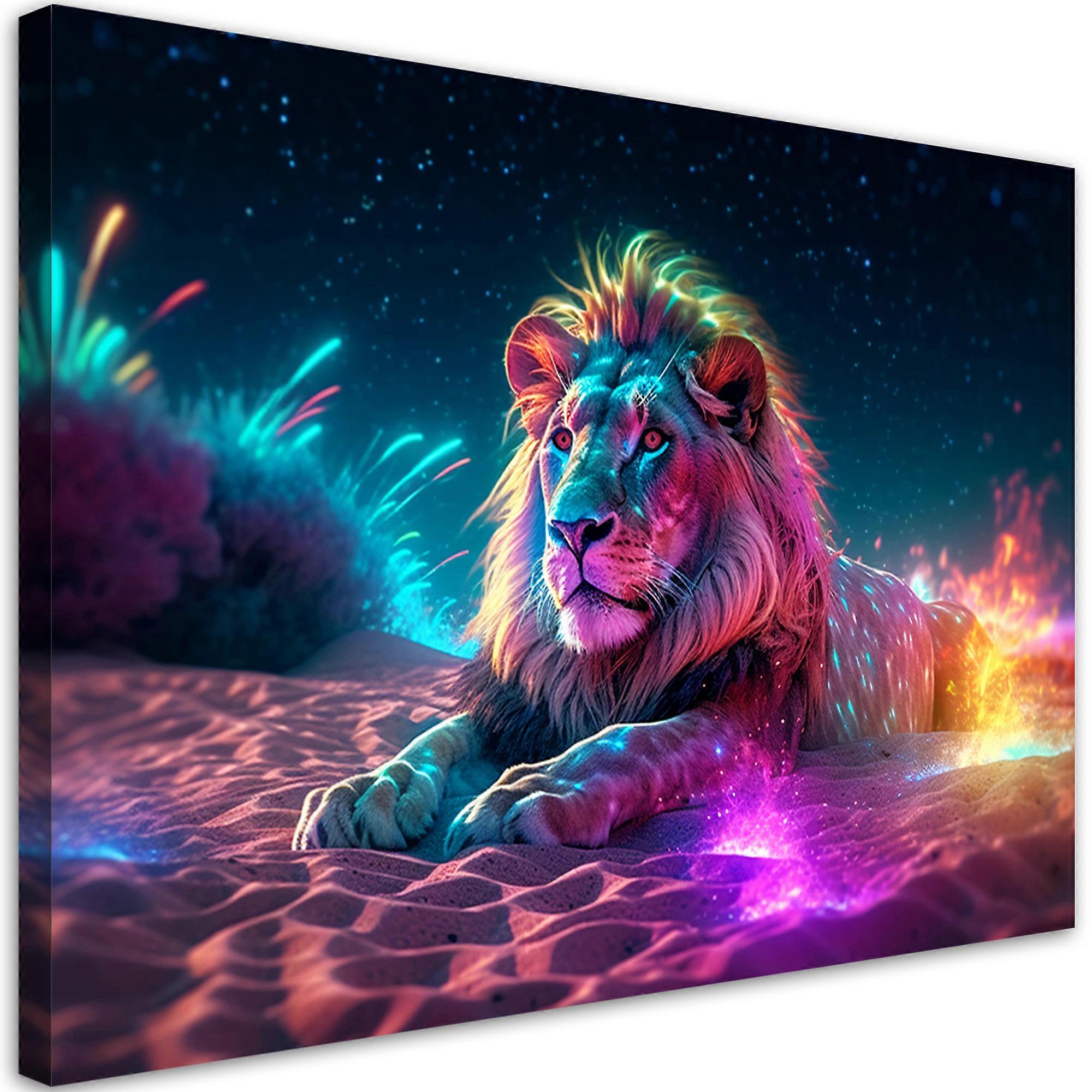 Lienzo, Neon Lion Nature Abstraction - 60x40