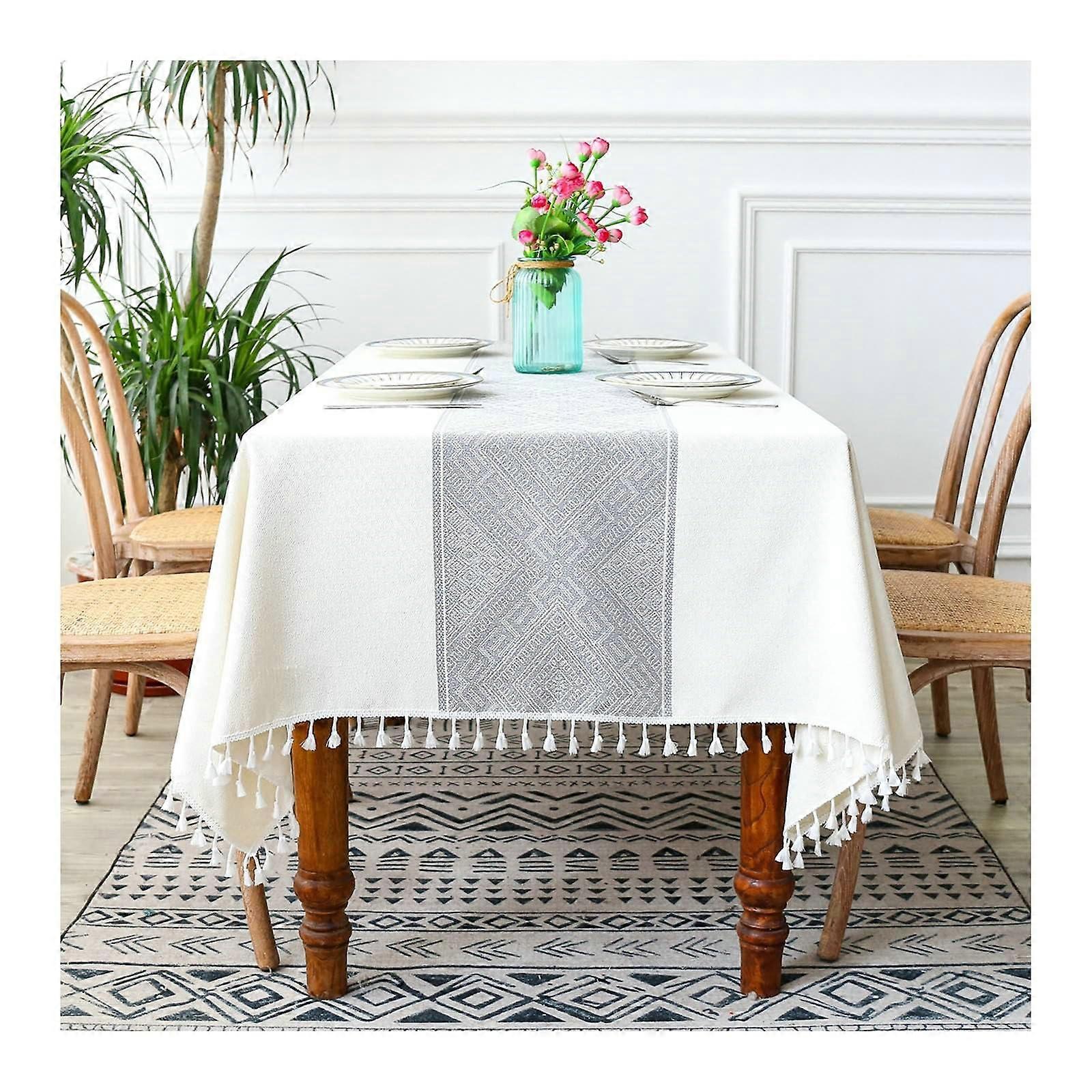 Polyester Square Tablecloth, Washable 140x180CM Geometric Embroidery with Tassels, Gray