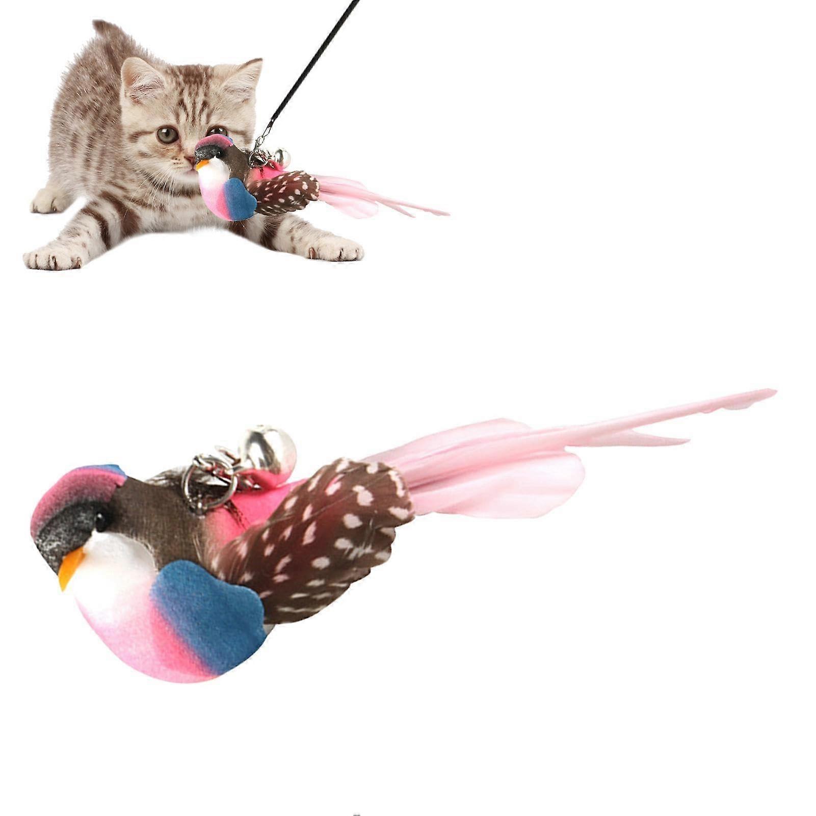 Flying Bird Cat Toy - Handmade Pink Cat Teaser Stick with Bell and Feather for Indoor Cats, Interactive Play Accessory