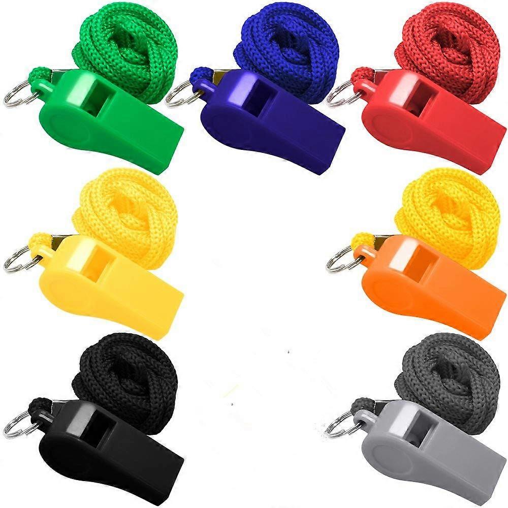 Plastic Whistle, Colourful Pack of 7 Referee Whistles with Lanyard 42 cm