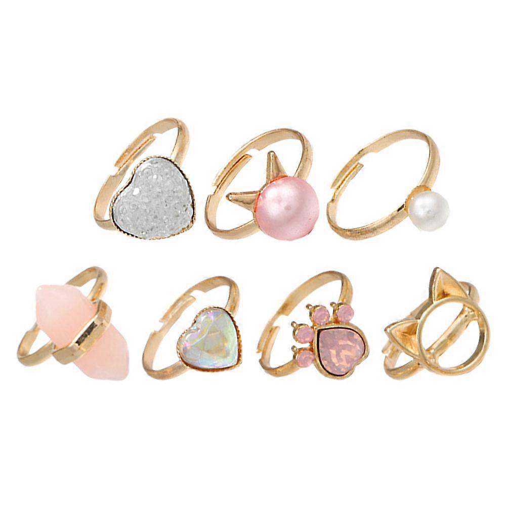 Assorted Color Durable Metal Girls Rings for Pretend Play and Party Bag Fillers 7pcs Set