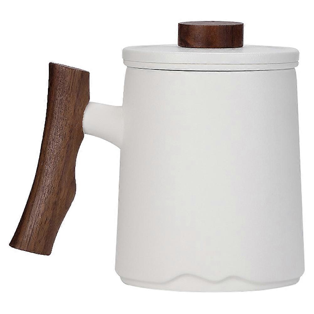 White Ceramic Tea Cup with Wooden Handle and Builtin Filter for Separating Tea Leaves 12.5 oz