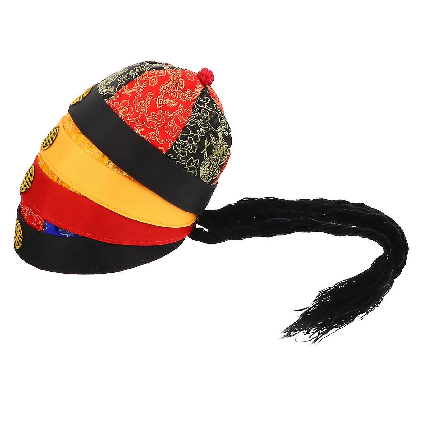 4pcs Ancient Chinese Style Costume Hats with Braids – Soft & Comfortable Qing Dynasty Emperor Hats for Festival & Theatrical Performance