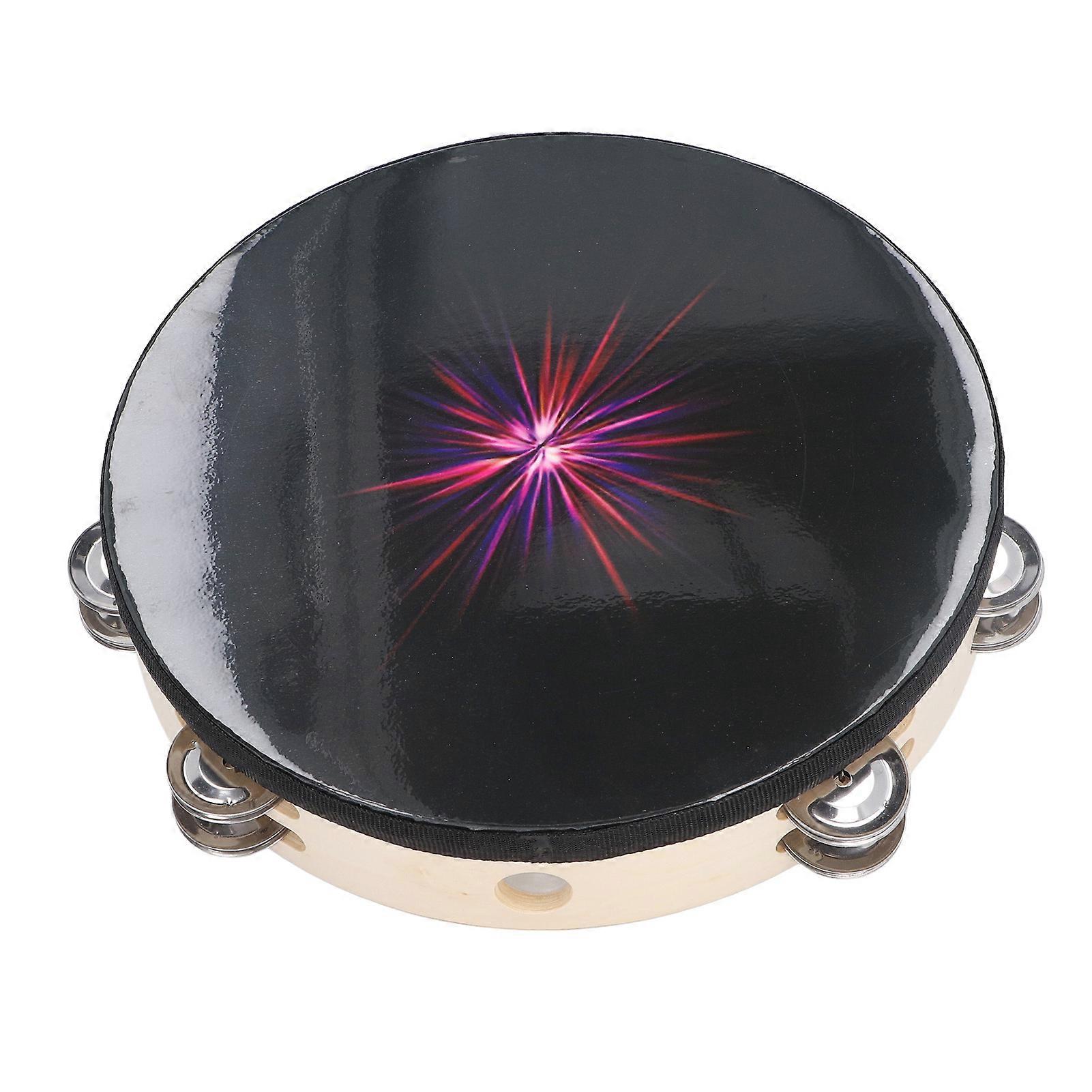 Handheld Tambourine 10 Inch Double Row Bells Hand Held Drum for Adult and Children Black Hole Ray