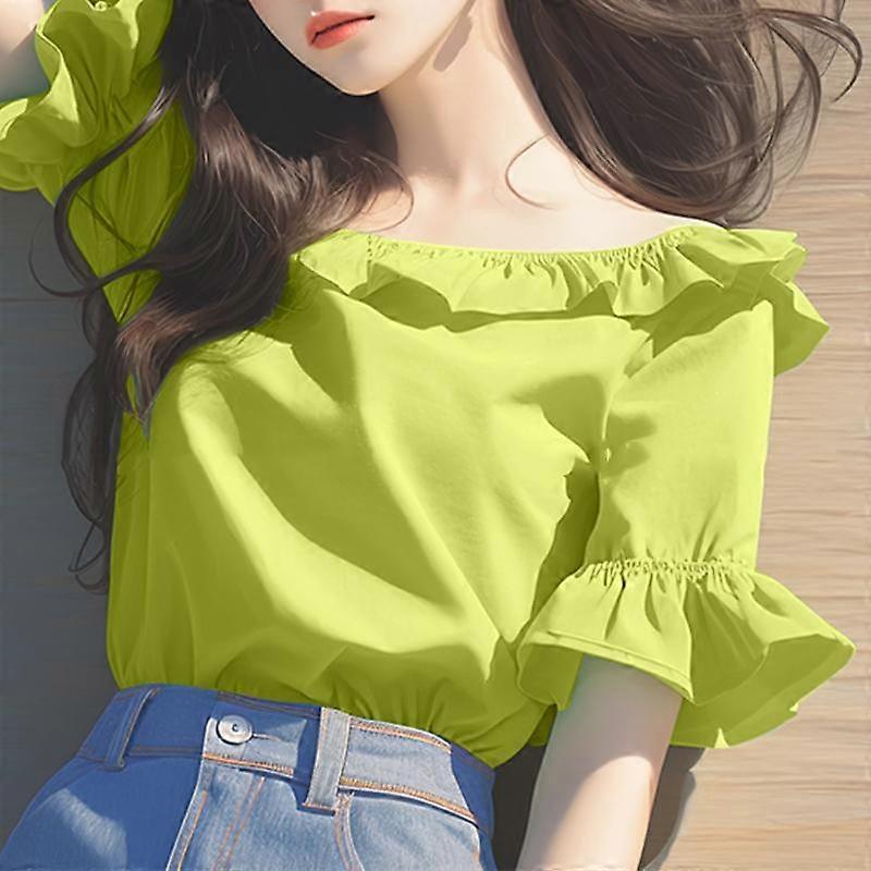 VONDA Womens Casual Round Neck Ruffled Short Sleeve Solid Color Blouses
