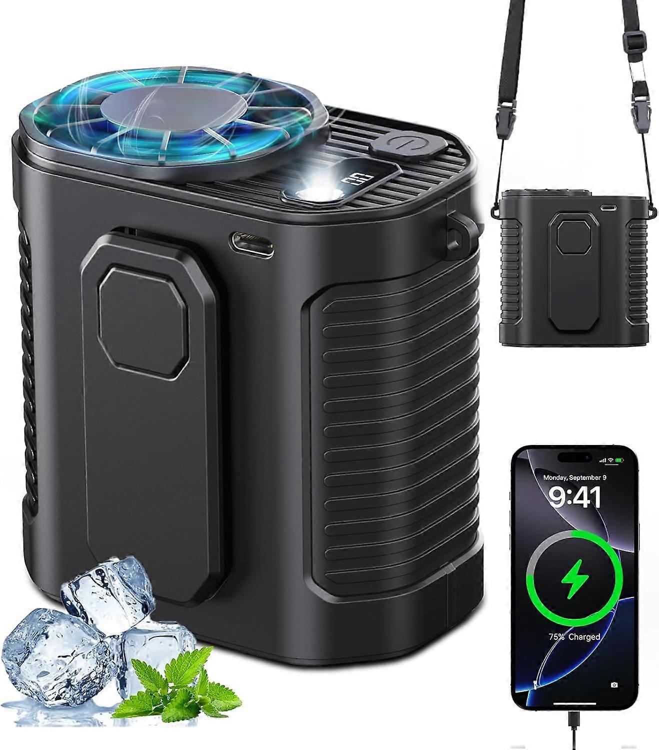 Přenosný ventilátor do pasu, 10rychlostní ventilátor s LED světlem,