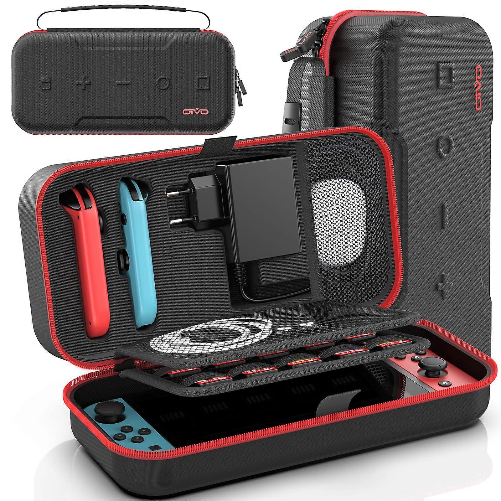 Switch Case for Nintendo Switch and OLED Model, Red Hard Carrying Case for Joy-Con, EU Power Supply, 20 Game Storage