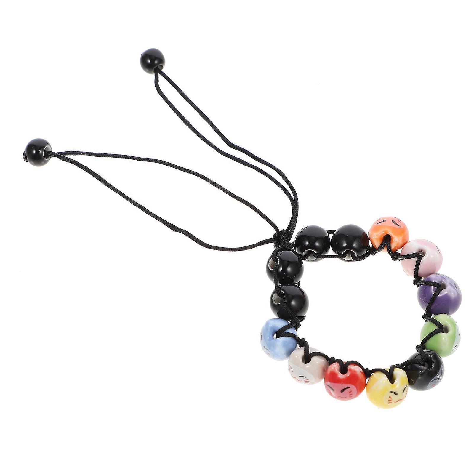 Luck Cat Charm Beaded Bracelet Good Fortune Lovers Black Ceramic Adjustable 1Set