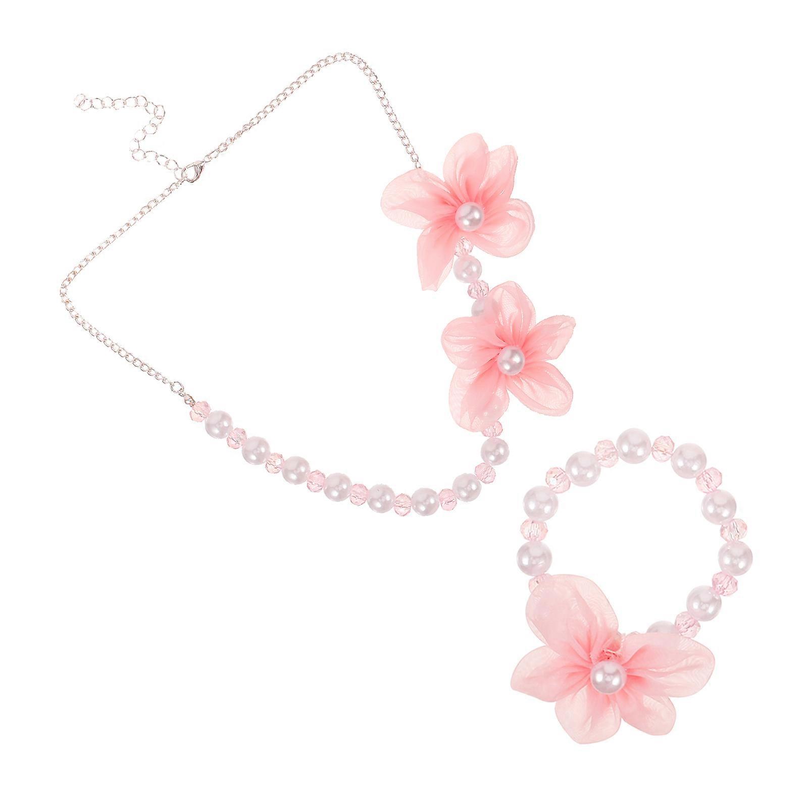 Beaded Necklace & Bracelet Set Imitation Pearl Floral Design Handmade Jewelry for Dress Up Parties