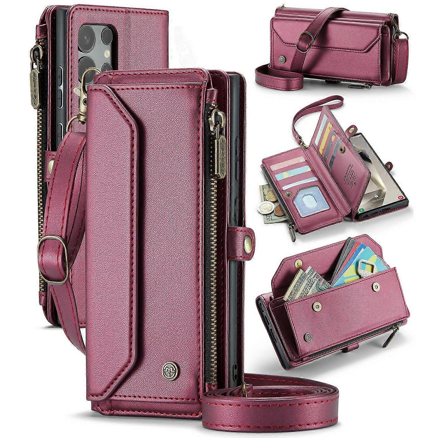 For Samsung Galaxy S24 Ultra Leather Case CASEME C36 Zipper Multiple Card Slots Phone Cover with Str