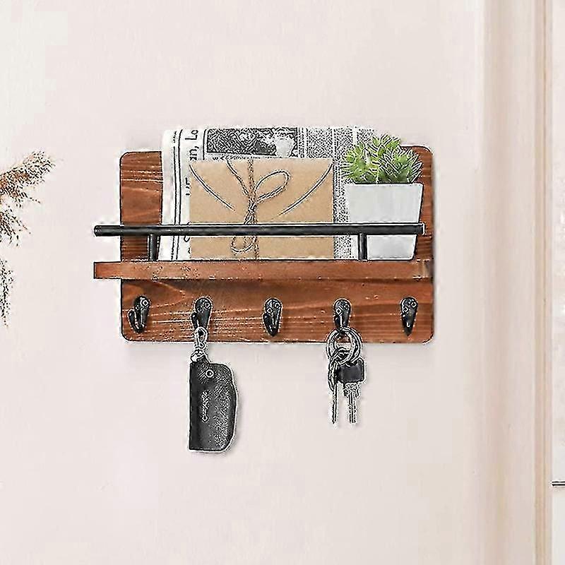 Wooden Key Holder with 5 Hooks: Home Entryway Decorative Mail Organizer