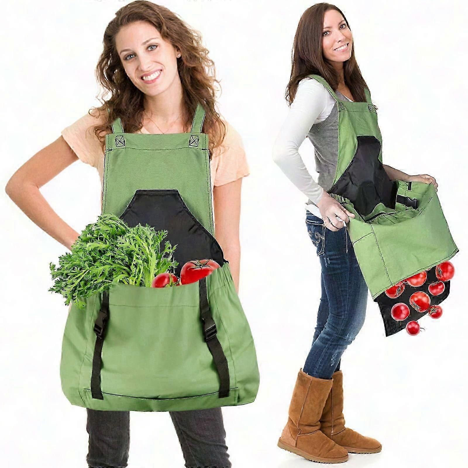 Harvest Apron for Fruit Picking - Adjustable Large Capacity Canvas Bag with Bottom Opening & Double Clips, Green Gardening Apron