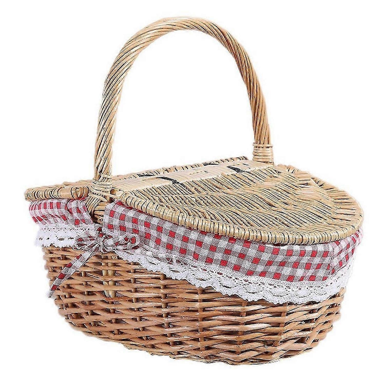 Country Style Wicker Picnic Basket Hamper with Lid and Handle & Liners for Picnics, Parties, Wedding and BBQs