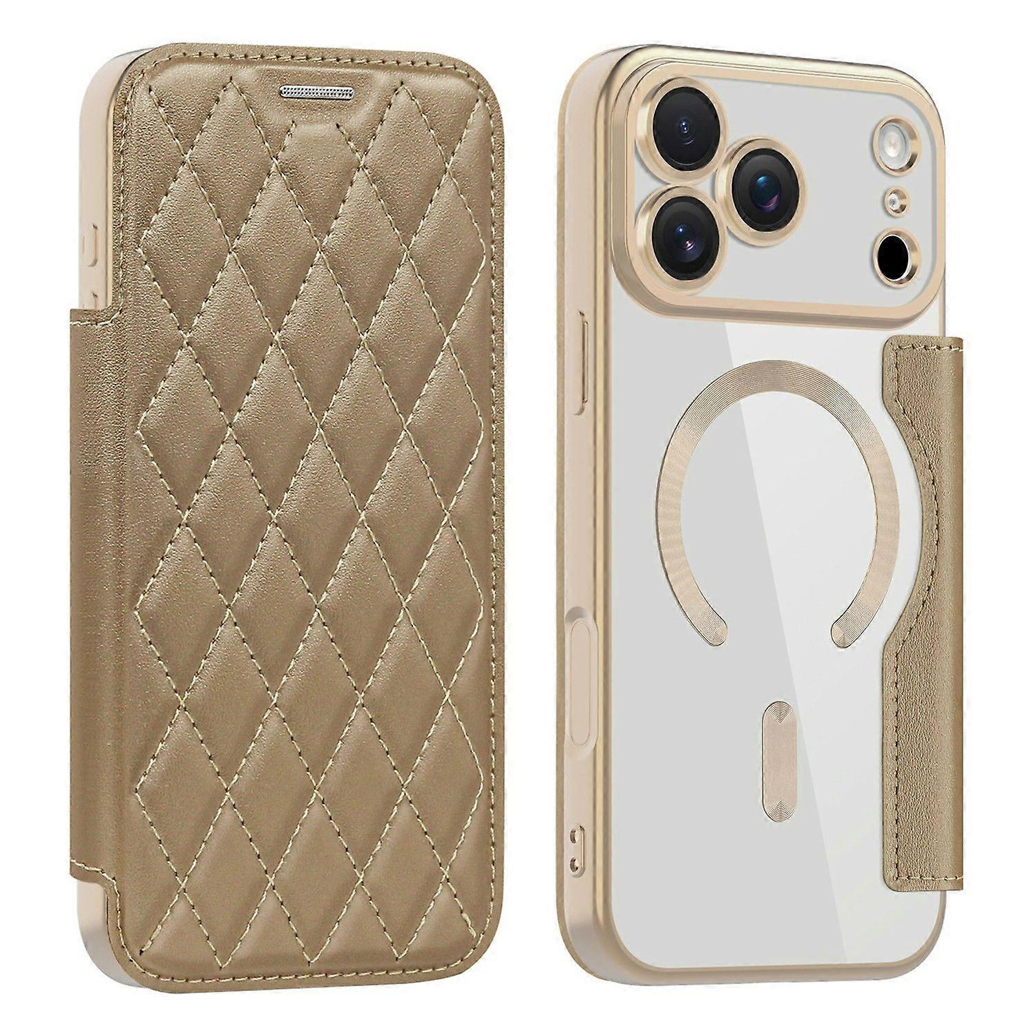 Pour iPhone 17 Pro Coque compatible avec MagSafe Rhombus PU Leather Phone Cover - Desert Gold