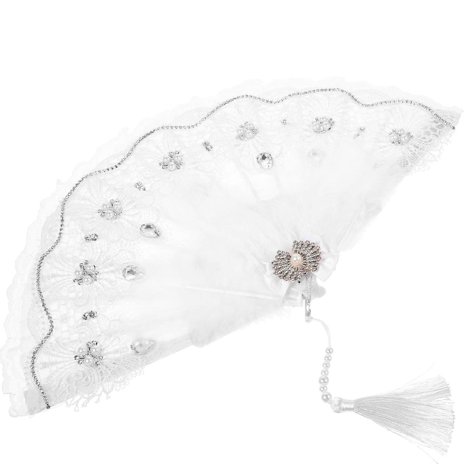 Lace Plume Folding Fan for Cooling Use Stylish White Handheld Fan