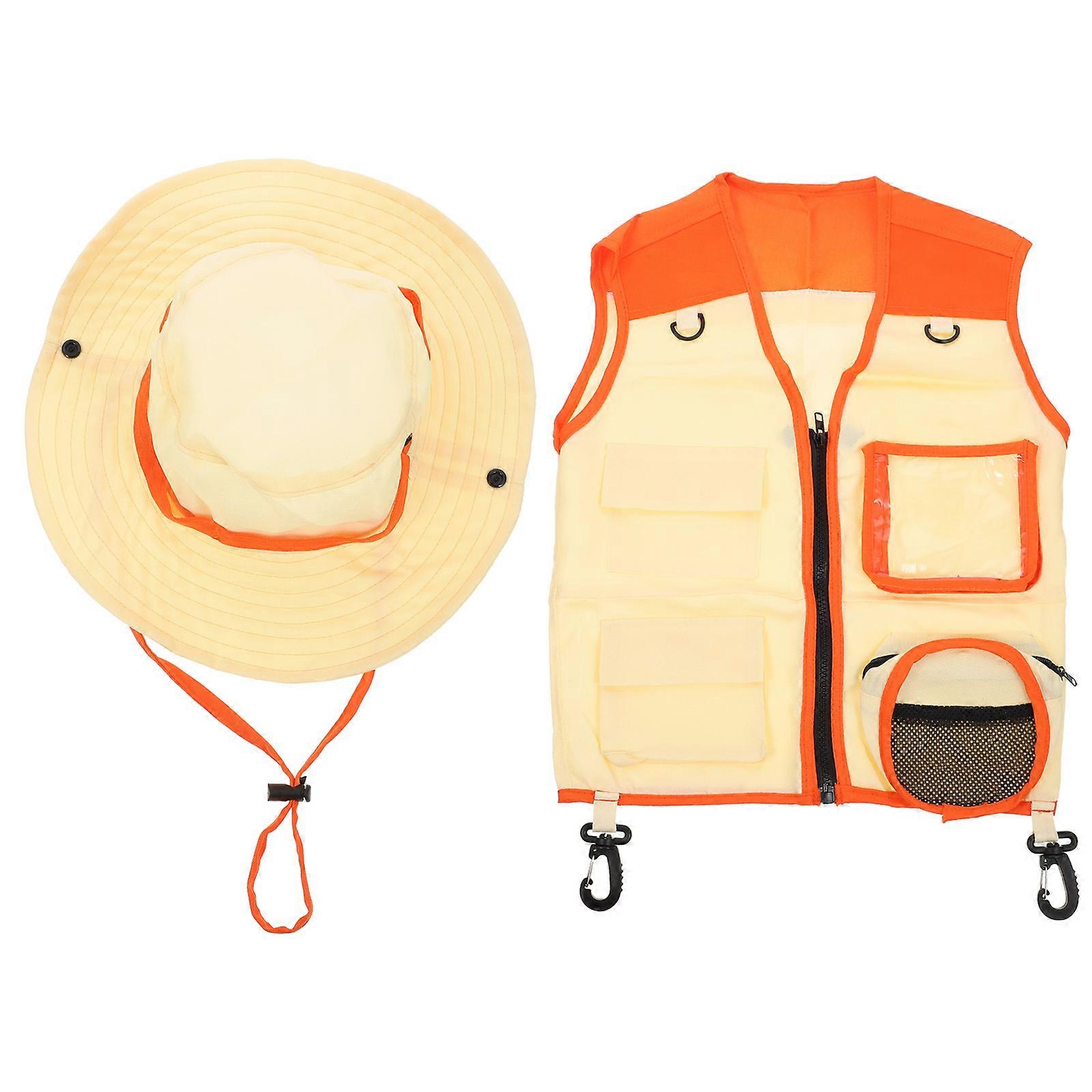 Kid Explorer Vest Hat Set for Outdoor Play 2Sets Orange Polyester Fabric