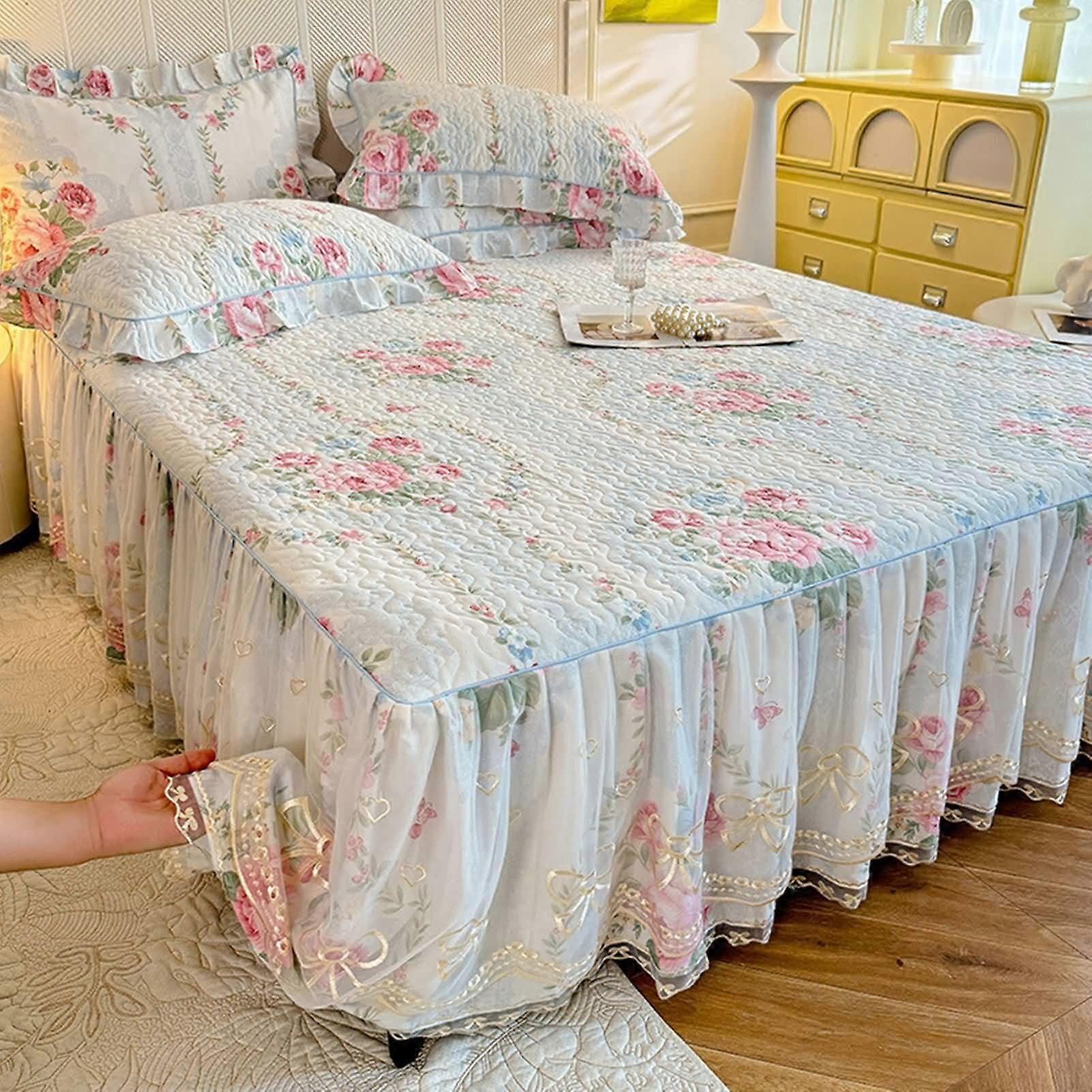 Fitted Sheet 120 x 200 cm Cotton With Embroidered Lace Floral Pattern WrinkleResistant FadeResistant Light Blue