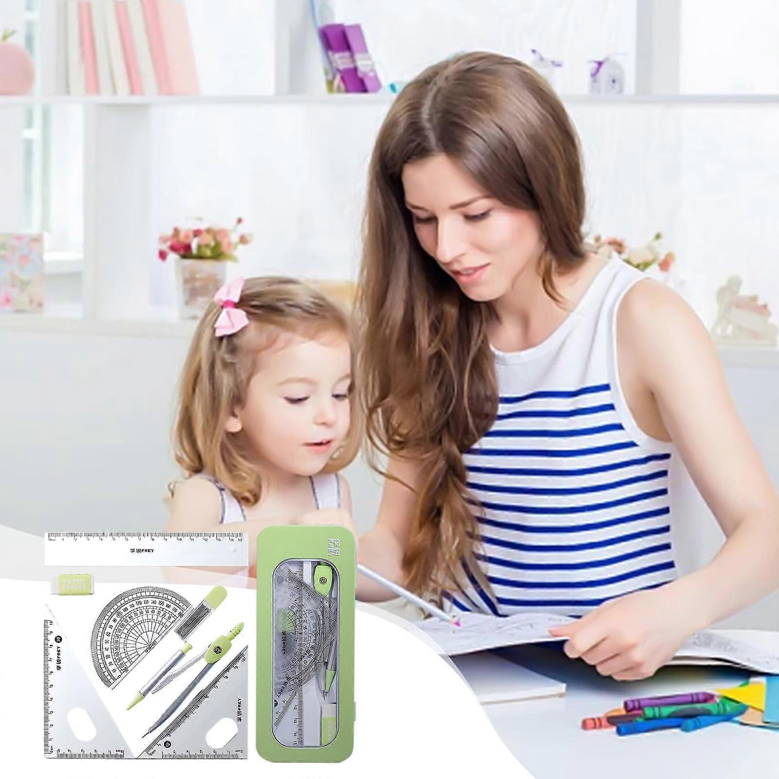Fnyoxu Back to School Math Geometry Kit 7-Piece Set with Shatterproof Box, Ruler, Protractor, Eraser, Leads, Pencils