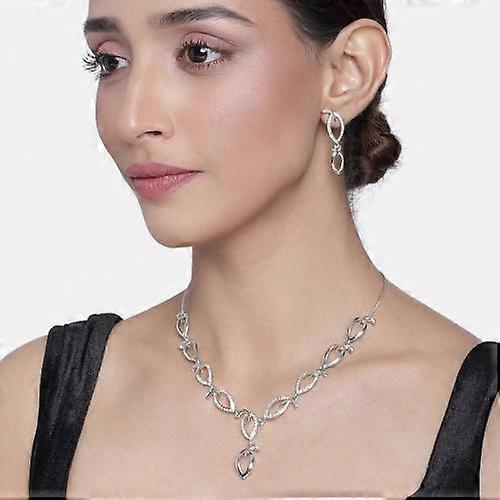 Estele - Simply Leafy Diamante Necklace Set Silver Plated