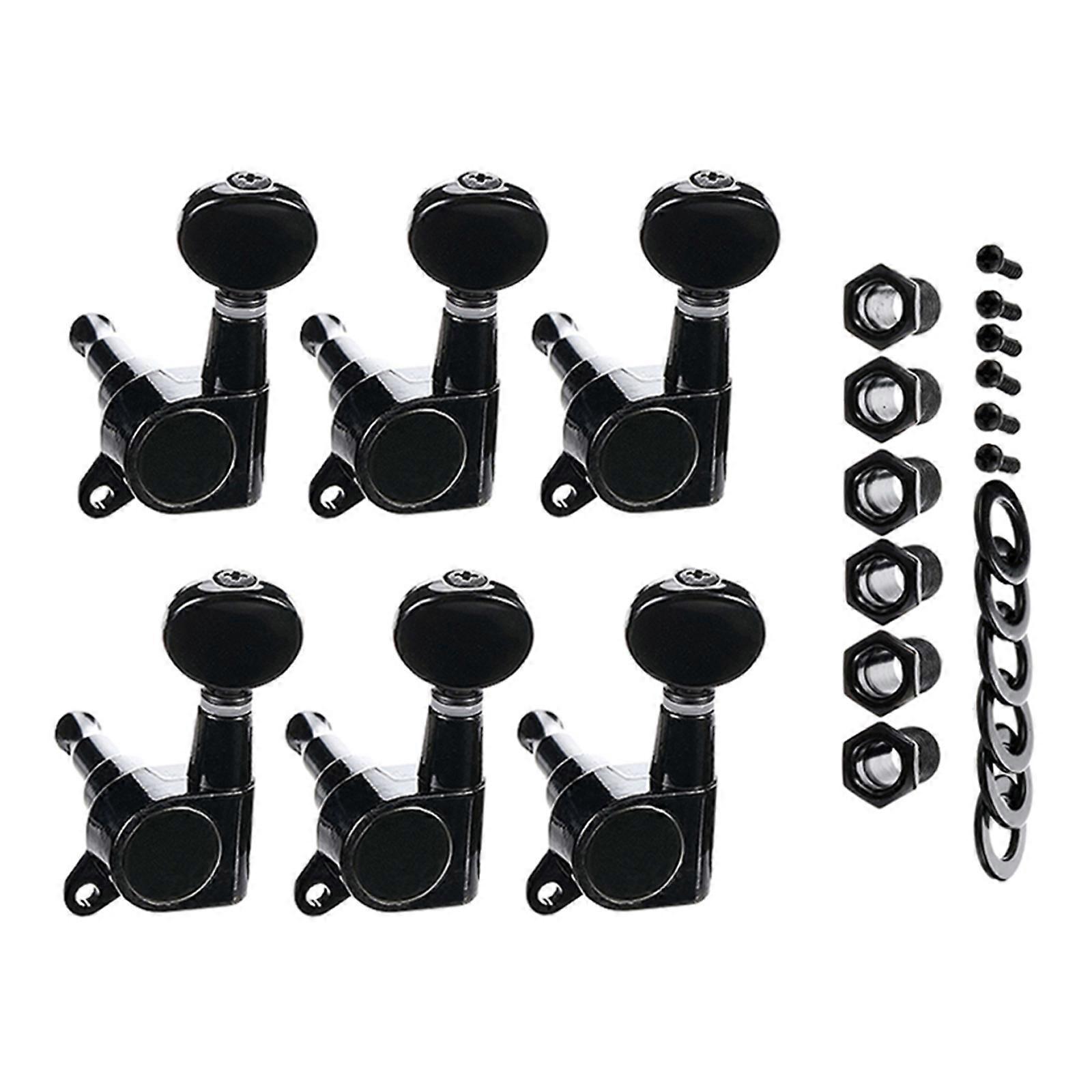 Set of 6 Black Guitar Tuners Metal Construction Suitable for 10mm Peg Holes Includes Mounting Hardware Left Orientation Multicolor